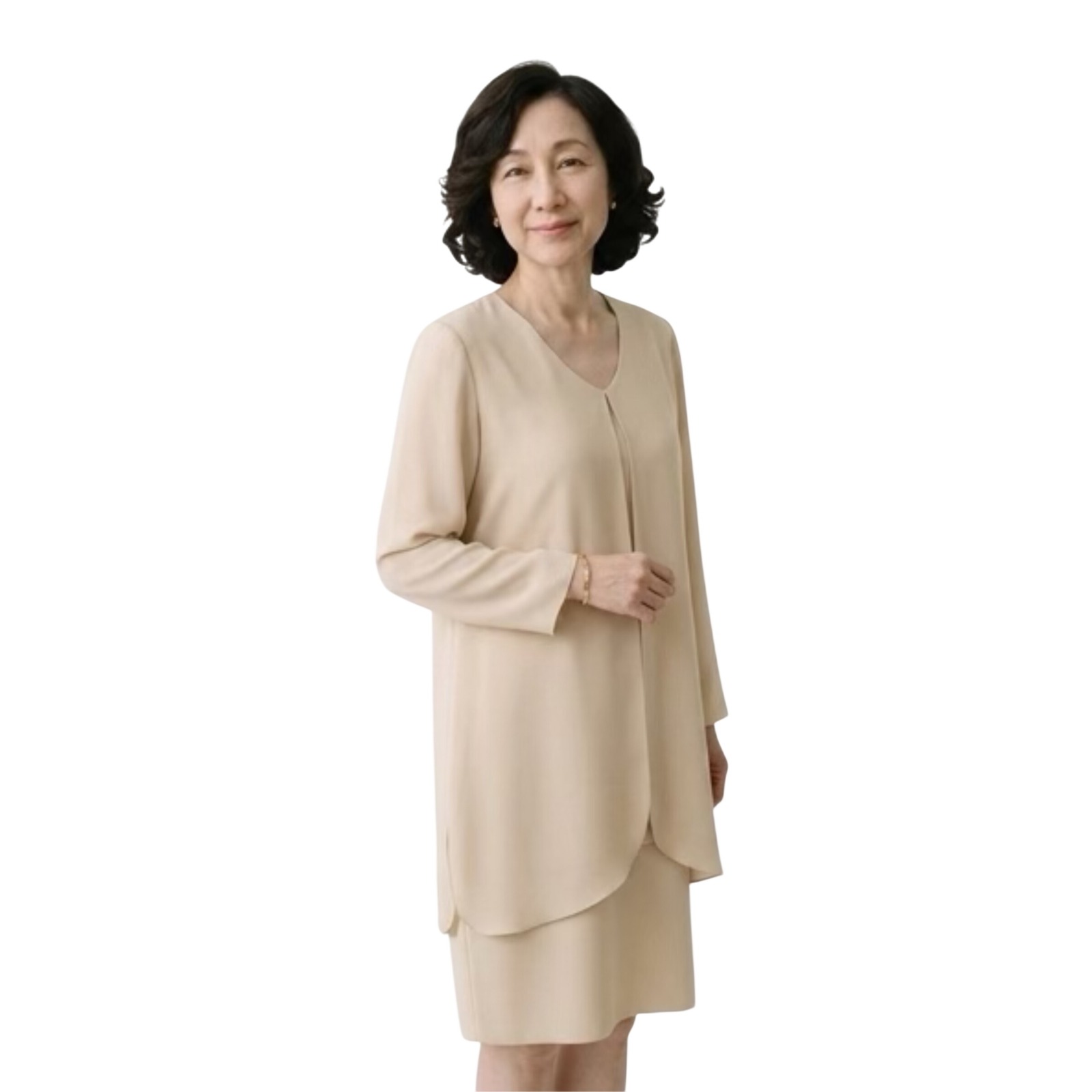 Algo Womens Beige Layered Shift Dress Long Sleeve V-Neck Neutral Formal